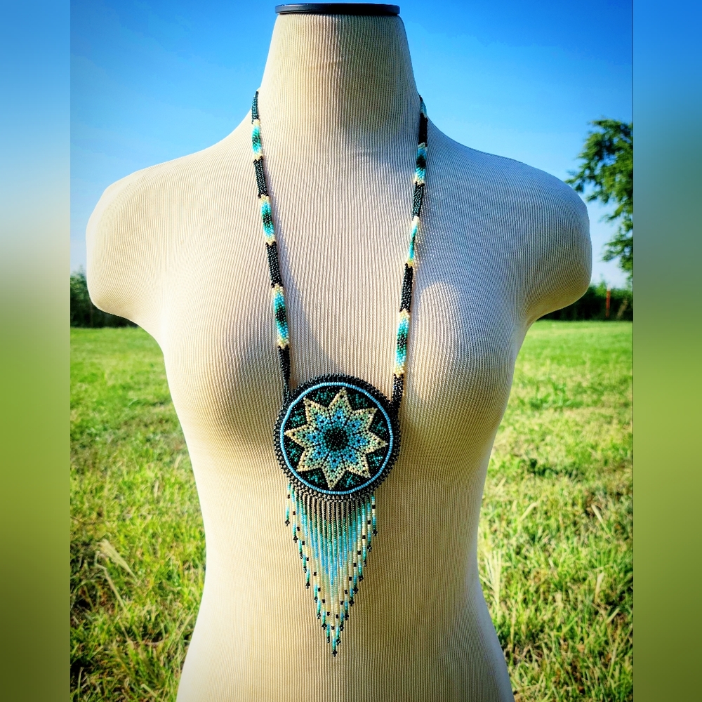 Hikuri/Huichol Necklace Chaquira Beads & Leather Pocket Unisex.